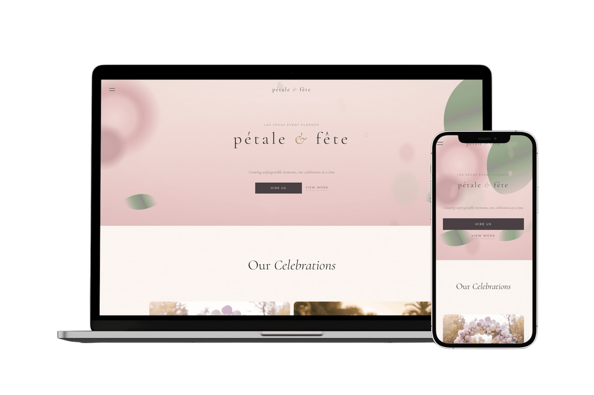 Pétale & Fête website — Las Vegas event planner concept built by Vizantir, desktop and mobile view