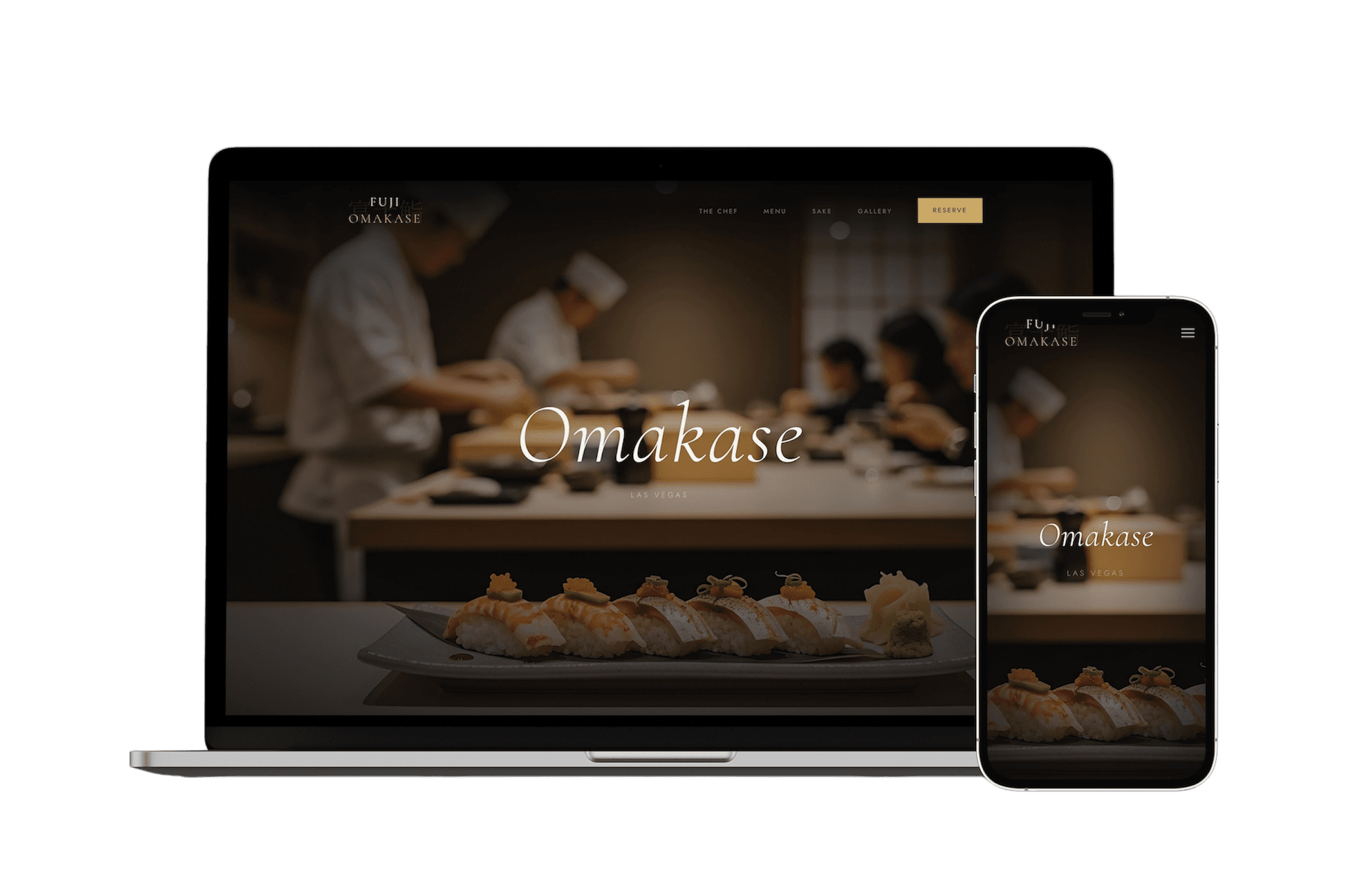 Fuji Omakase website — fine dining Las Vegas concept built by Vizantir, desktop and mobile view