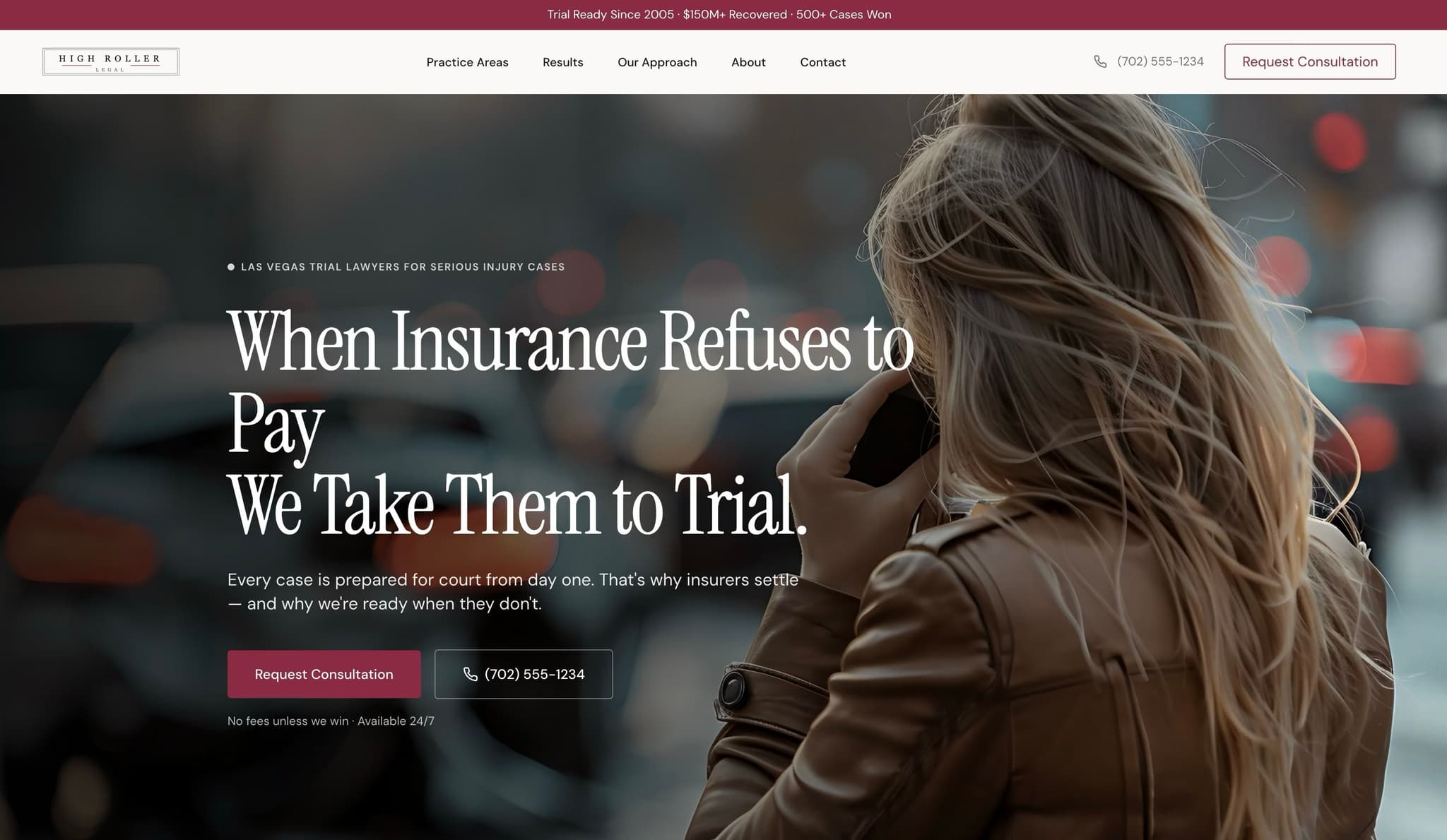High Roller Legal website — personal injury law firm Las Vegas concept built by Vizantir, desktop and mobile view