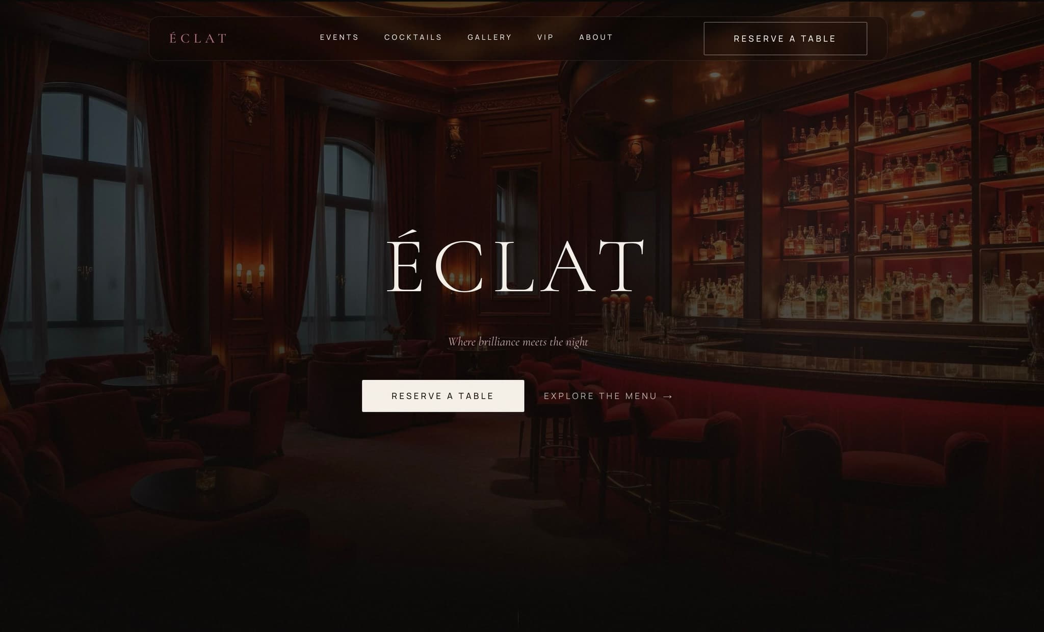 Éclat Lounge website — premium Las Vegas cocktail lounge concept built by Vizantir, desktop and mobile view