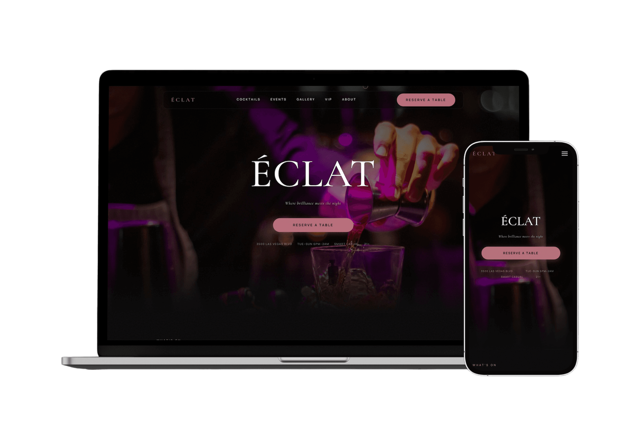 Éclat Lounge website — premium Las Vegas cocktail lounge concept built by Vizantir, desktop and mobile view