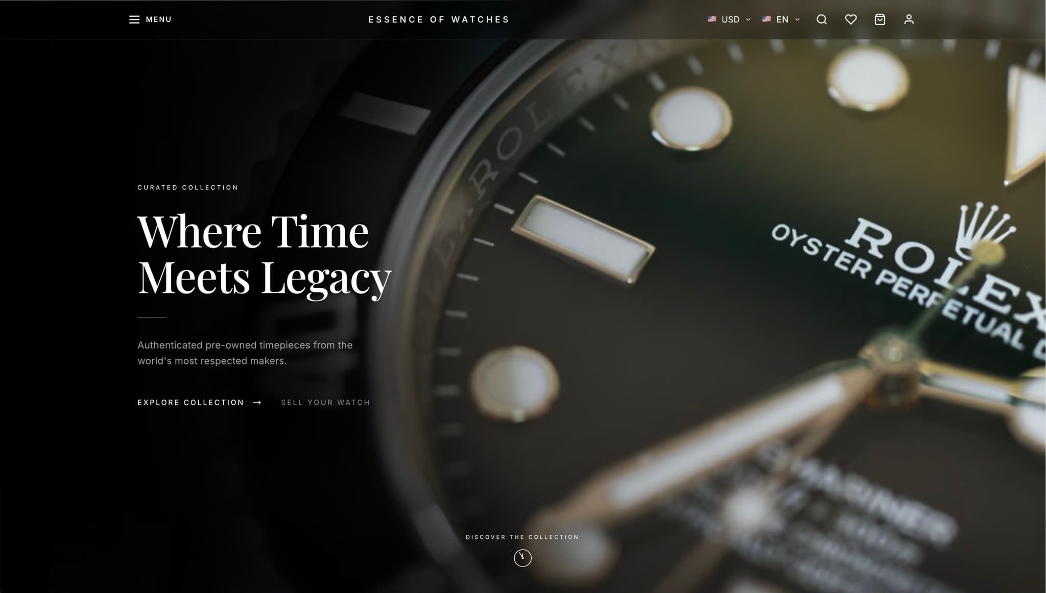 Essence of Watches homepage — luxury pre-owned watch platform built by Vizantir