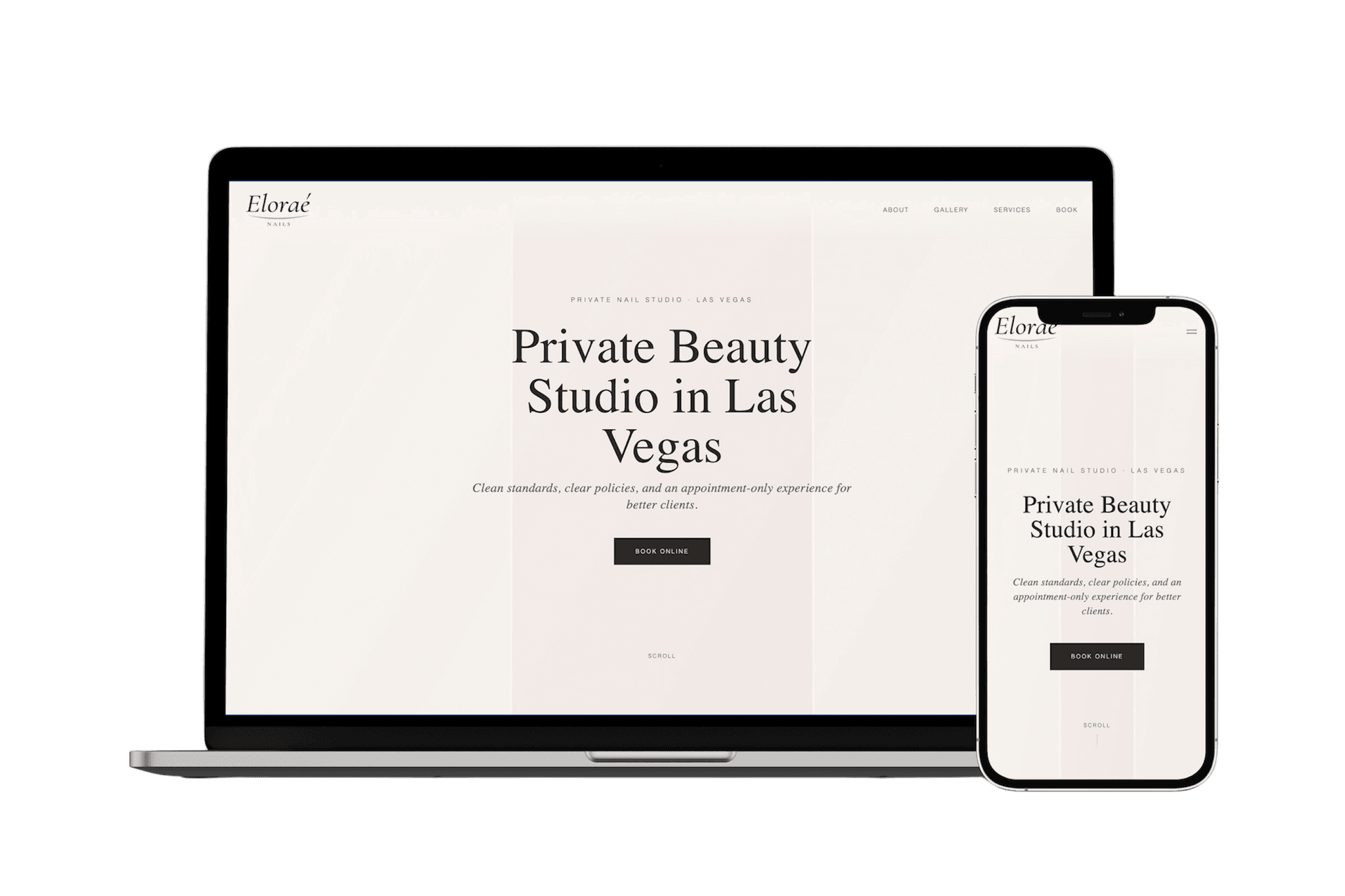 Eloraé Nails website — private luxury nail studio Las Vegas built by Vizantir, desktop and mobile view