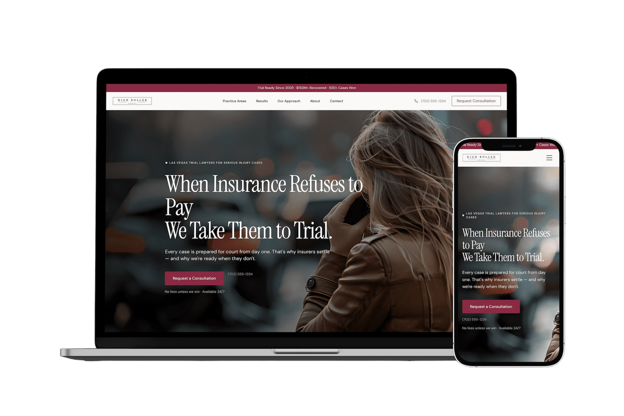 High Roller Legal website — personal injury law firm Las Vegas concept built by Vizantir, desktop and mobile view